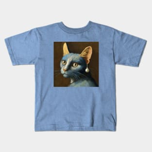 Blue Cat With a Pearl Earring Kids T-Shirt